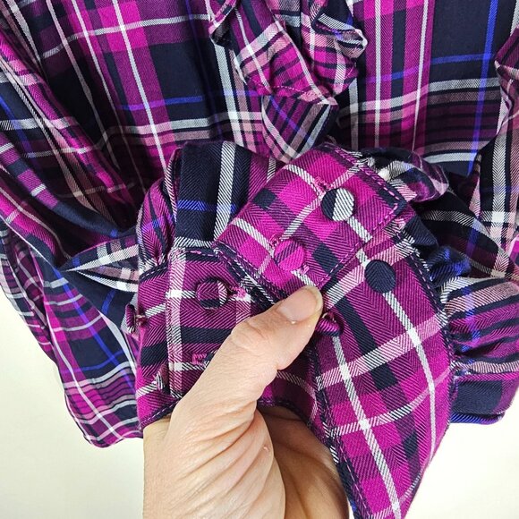 Chicos Poet Ruffle Purple Plaid Button Up Blouse XL Long Sleeve Flowy Rayon - Picture 3 of 8